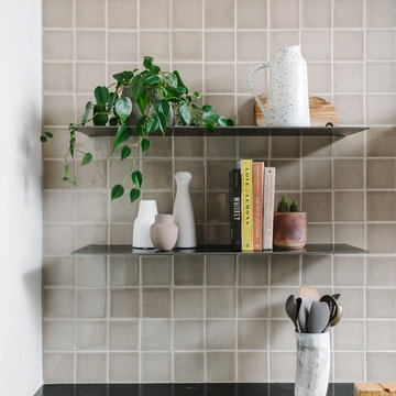 Modern warm neutral kitchen backsplash