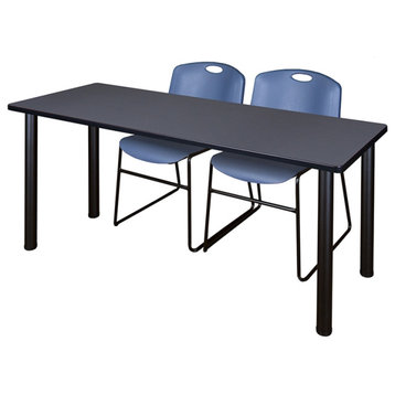 72" x 24" Kee Training Table- Grey/ Black & 2 Zeng Stack Chairs- Blue