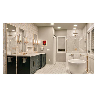 Old Meets New In This Master Bathroom Remodel With Marble Backsplash ...