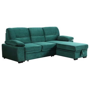 Kipling Velvet Fabric Reversible Sleeper Sectional Sofa Chaise, Green