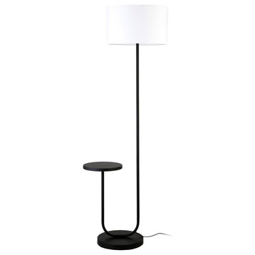66" Black Tray Table Floor Lamp With White No Pattern Frosted Glass Drum Shade