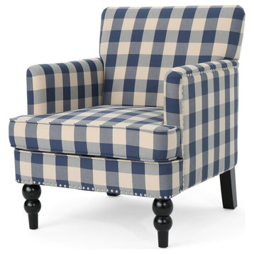 GDF Studio Eve Tufted Fabric Club Chair, Blue Checkerboard/Dark Brown