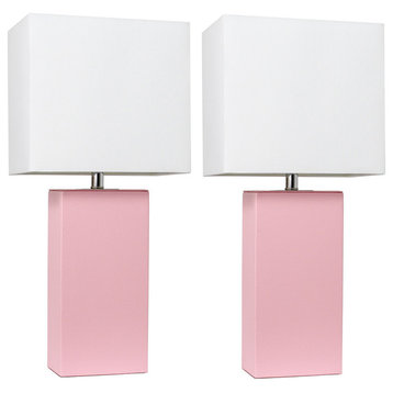 Elegant Designs Set of 2 Modern Leather Table Lamps, White Fabric Shades, Pink
