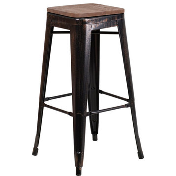 30" High Backless Black-Antique Gold Metal Barstool With Square Wood Seat