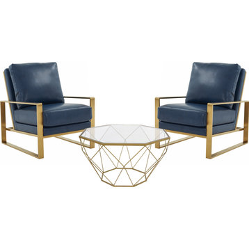 LeisureMod Jefferson Arm Chairs and Coffee Table with Gold Frame, Navy Blue