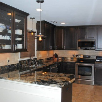Kitchen Remodel with Maple Espresso Cabinetry and Beige Subway Tile