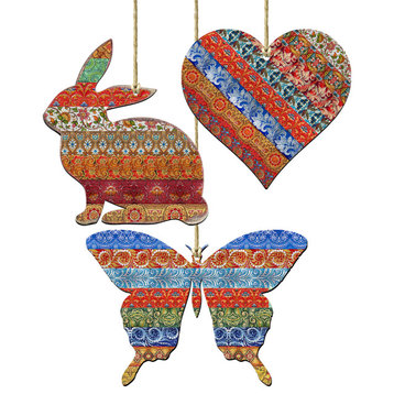 Quilted Wooden Ornaments Set of 3