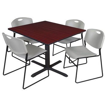 Cain 48" Square Breakroom Table- Mahogany & 4 Zeng Stack Chairs- Grey