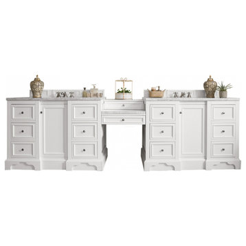 118 Inch Double Sink Bath Vanity, White, Makeup Table, Solid Surface, Outlets