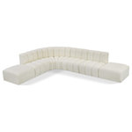 Meridian Furniture - Arc Vegan Leather Upholstered 7-Pc. L-Shaped Modular Sectional, Cream - Unleash modern opulence with the Arc Vegan Leather 7pc. Sectional. Crafted for the modern connoisseur, this Sectional injects an air of refined luxury into any space. Its sleek silhouette, upholstered in supple cream vegan leather, exudes timeless sophistication while the deep channel tufting adds textural intrigue, further elevating the chair's visual appeal. The modular design makes it a versatile chameleon, effortlessly adapting to your evolving needs and preferences. Whether you envision it gracing a chic living room corner, basking in the glow of a bedroom window, or adding a touch of drama to a home office, the Arc seamlessly complements your unique interior aesthetic.