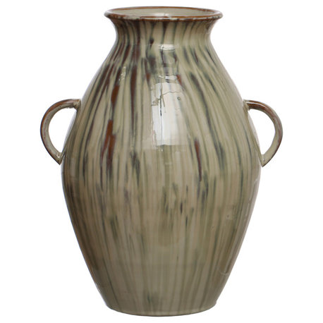 14" Hand-Painted Stoneware Vase, Handles, Reactive Glaze, Multicolor