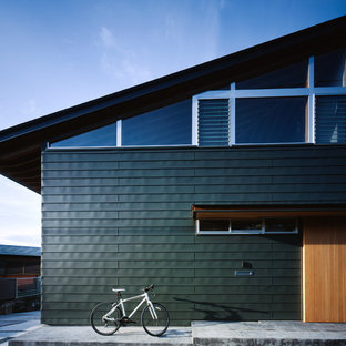 他の地域のアジアンスタイルのおしゃれな家の外観 (緑の外壁、片流れ屋根) の写真