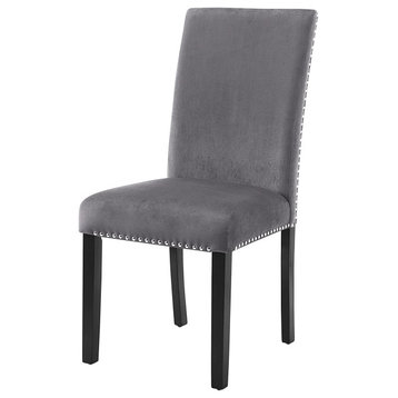 Set of 2 Dining Chair, Gray Velvet Seat & Back With Silver Nailhead Trim Accents