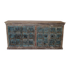 Mogul Interior - Consigned Antique Rustic Old Door Buffet Distressed Blue Sideboard Media Cabinet - Buffets and Sideboards
