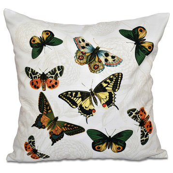 Antique Butterflies And Flowers, Animal Outdoor Pillow, Cream, 20"x20"