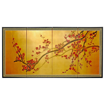 Traditional Asian Room Divider, Chinese Silk Border & Unique Tree Painting, Gold