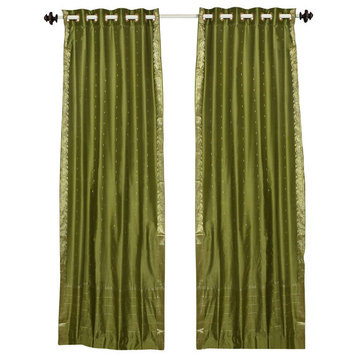 Lined-Olive Green Ring Top  Sheer Sari Curtain / Drape  - 43W x 84L - Piece