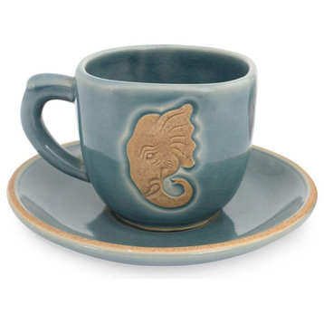 Blue Thai Elephant Celadon Ceramic Cup and Saucer