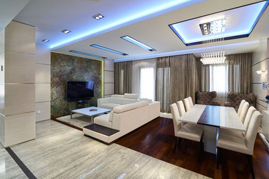 Example of a mid-sized trendy formal and open concept marble floor and gray floor living room design in Los Angeles with beige walls, no fireplace and a wall-mounted tv