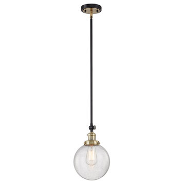 1 Light Mini Pendant in Black  W/Antique brass with Clear Seedy Glass