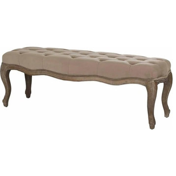 Classic Accent Bench, Cabriole Wooden Legs With Deep Tufted Seat, Mushroom Taupe