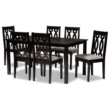 7 Pcs Dining Set, Rectangular Table & Padded Chairs With Geometric Cut Out Back