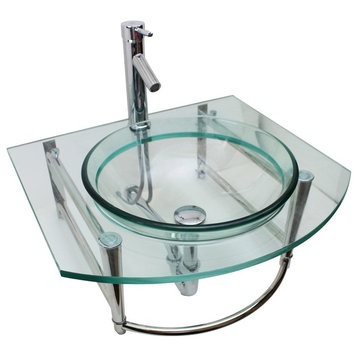 Round Glass Wall Mount Console Sink 23 3/4" with Faucet, Drain and Towel Bar