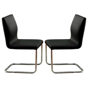 Set of 2 Side Chairs With L-Shape Leg, Black and Chrome