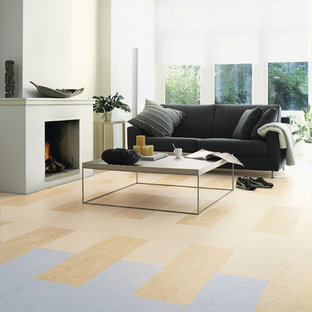 Modern inredning av ett stort allrum med öppen planlösning, med vita väggar, linoleumgolv, en standard öppen spis och en spiselkrans i gips