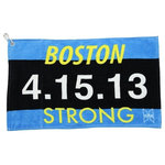 Hilaire Productions - Boston Strong Sports Towel, "4.15.13" - This patented towel is made of cotton with a "Boston Strong 4.15.13" print in black, blue, yellow, and white. Its size makes it ideal as a workout towel for at home or on the go. It has a clip attachment in its corner for easy transportation and storage as well as a hidden and water-resistant zippered storage pocket. Conceal your phone, iPod, keys, wallet, and anything else while on-the-go.