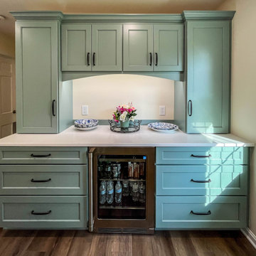 Custom Two-Toned Green and White Kitchen with Laventa Carrara Quartz Countertops