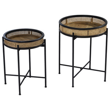 Set of 2 Accent End Table, Crossed Base & Removable Tray Top With Rattan Accents