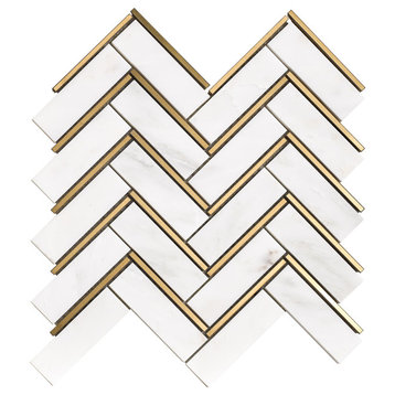Herringbone White and Gold Metal Stainless Steel Polished Marble Tile (10 sheets