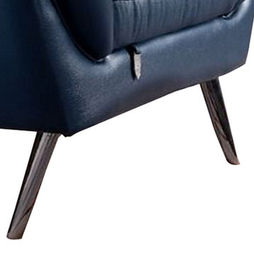 Contemporary Button Tufted Leather Chair With Metal Legs, Navy Blue