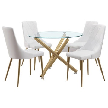 5-Piece Dining Set, Aged Gold Table With White Chair