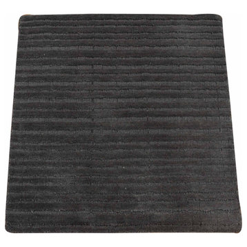 Black Modern Design Hi and Lo Textured Wool Hand Loomed Mat Rug, 2'0"x2'0"