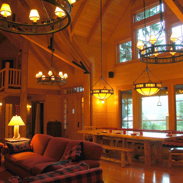 Bobcat LodgeGreat Room with dining in bay looking out to lake. All-pine interio