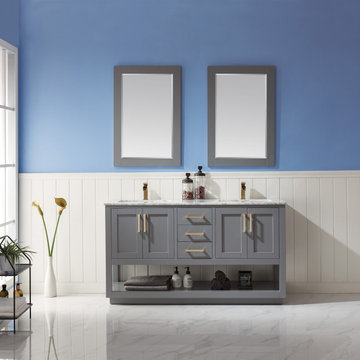 Remi 60" Double Bathroom Vanity Set in Gray and Carrara White Marble Countertop