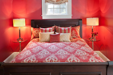Inspiration for a small contemporary master medium tone wood floor bedroom remodel in New York with beige walls