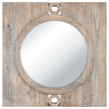 Farmhouse Square Shape Round Design Wall Mirror in Brown Finish Natural Wood