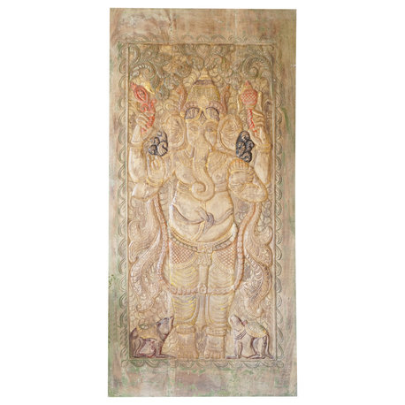 Consigned Blessing Ganesha Barn Door, Wall Sculpture, Carved India Sliding Door