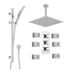 Thermostatic 3 Outlet Shower System Set With 12" Square Head & 6 Jets - Showerheads And Body Sprays