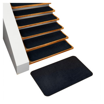 Set of 15 Skid-Resistant Carpet Stair Treads & Matching Landing Rug, Navy Blue