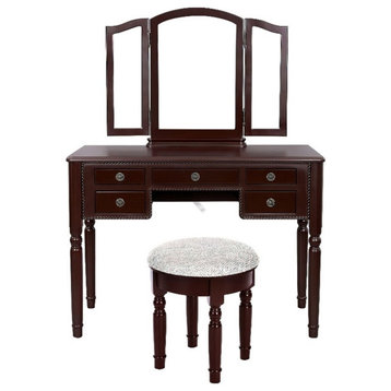 Benzara UPT-272880 3 Piece Vanity Desk Set, Trifold Mirror, Cushion Stool, Brown