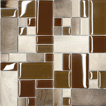 Brown Metal Glass Modern Kitchen Mosaic Backsplash Tile, 12"x12"