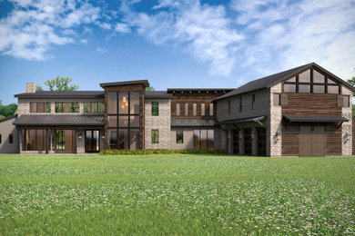 Example of a huge minimalist two-story stone house exterior design in Austin with a shed roof and a metal roof