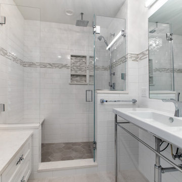 Shower with rainfall head and hex tile
