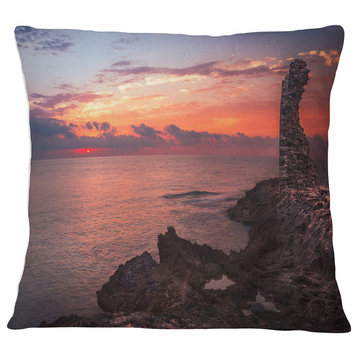 Red Rocky Beach with Ancient Ruins Oversized Beach Throw Pillow, 16"x16"