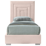 Meridian Furniture - Nora Velvet Upholstered Bed, Pink, Twin - Give your bedroom a new look in an instant with this Nora twin-size velvet bed. This sumptuously glamorous bed is just the thing for a bedroom makeover, with its rich pink velvet and neutral color palette that makes it an easy fit in your modern decor. Deep channel tufting makes this bed a standout and fast focal point in your room. Both gold and chrome legs come with the Nora bed, so you can customize its look.