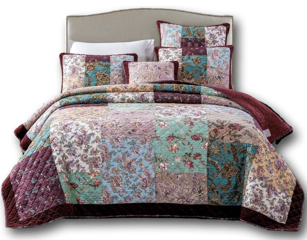 Boho Burgundy Cotton Patchwork Bedspread Quilt Cover offers with Velvet Trim